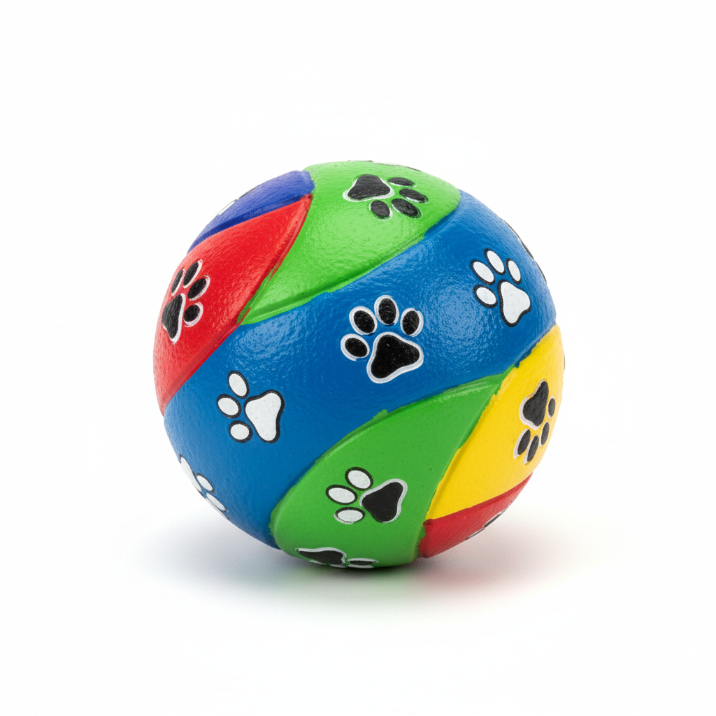 Bola de borracha colorida com patinhas em fundo branco