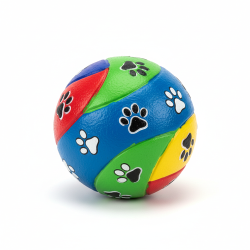 Bola de borracha colorida com patinhas em fundo branco