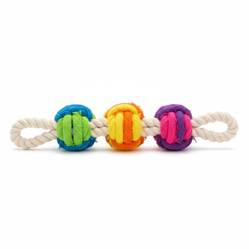 Brinquedo de corda com nós coloridos em fundo branco