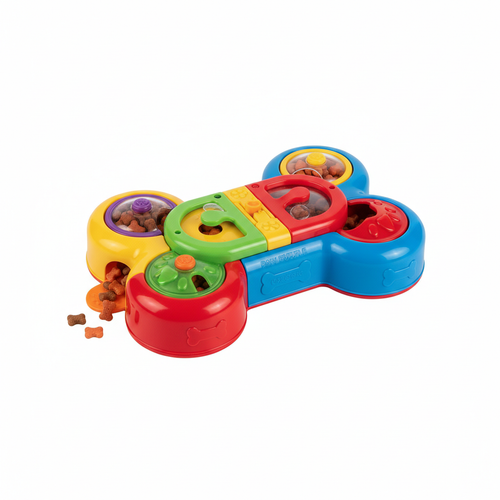Puzzle dispensador de petiscos colorido para caes em fundo branco